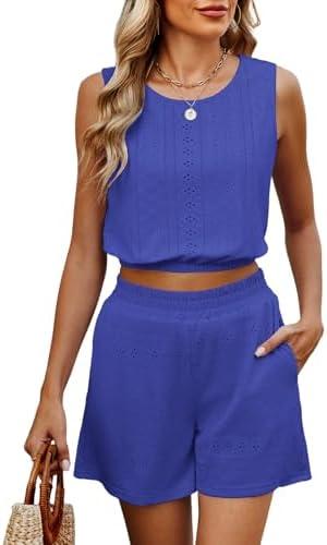 Two Piece Sets for Women Summer 2025 Cute Vacation Short Sets Sleeveless Crop Tank Top High Waisted Shorts Outfits Pocket, Navy, M