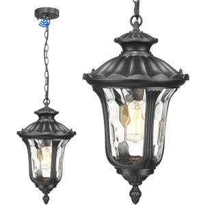 Dusk to Dawn Outdoor Pendant Light for Porch, 58'' Large Exterior Hanging Lantern Fixture Sensor Outdoor Chandelier in Black Finish for Entryway,Doorway,Farmhouse,Foyer, Black