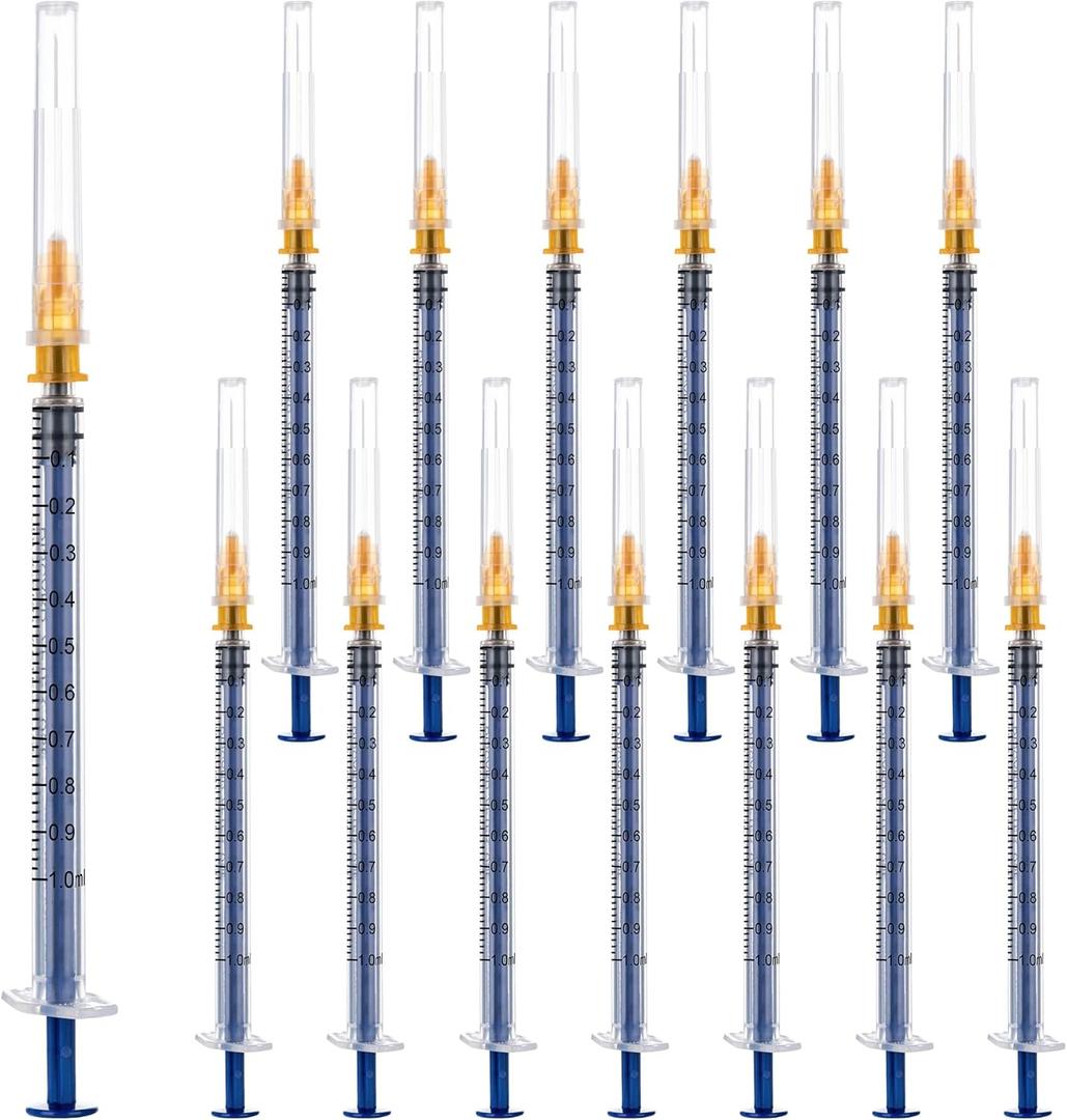 100 Pack 1ml 25 Gauge 1 inch Disposable Syringes with Needle 1cc Luer Slip Syringe for Scientific Lab Use, Individually Wrapped