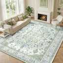 RELEANY Area Rugs Large 9'x12' Washable Non-Slip, Floral Vintage Distress Medallion Carpet for Living Room Bedroom Dining Room, Green White Blue