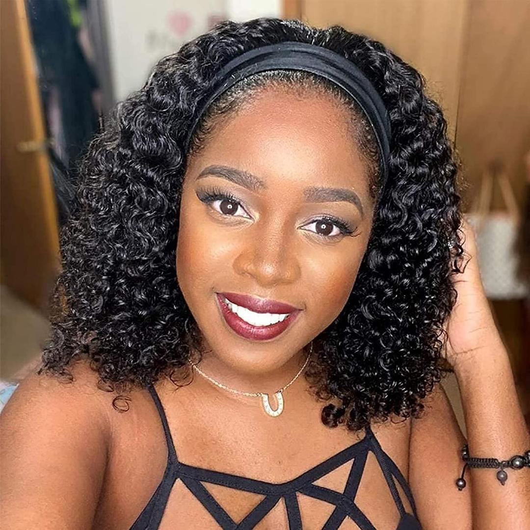 Deep Wave Headband Wig Human Hair 12 Inch Curly Headband Wigs for Black Women Human Hair Glueless None Lace Front Wig Brazilian Virgin Hair Wear and Go Wigs 150% Density Natural Black Color