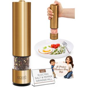 Epar Electric Gold Salt and Pepper Grinder - Battery Operated Brass Pepper Mill with Ceramic Burr - One Hand Peppermills With LED Light