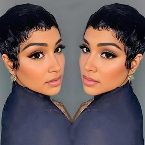 Pixie Cut Wigs for Black Women Pixie Cut Wig Human Hair Short Layered Wigs Full Machine Made Short Haircut Wig Glueless with Bangs Black Color