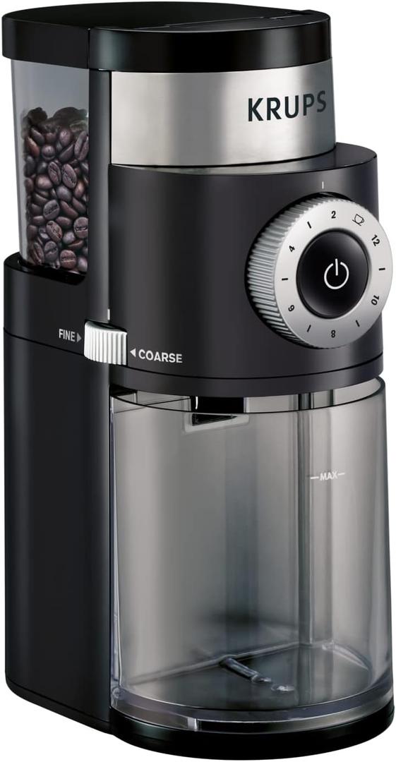 KRUPS Precision Burr Coffee Grinder: 12 Settings, 8 oz Capacity for Drip, French Press, Espresso, Pour Over, Cold Brew - Stainless Steel, 110W, Auto-Stop, Easy Clean - Coffee Grinders for Home Use