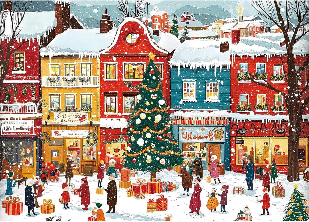 Snowy Christmas Town 1000 Piece Puzzle for Adults, Fun Puzzles for Adults 1000 Pieces with HD Print & Poster, 27.5 * 19.7 in Dust Free, for Gifts Halloween Christmas Family Games Lovers
