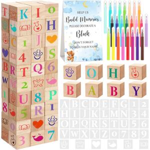 147 Pcs Baby Shower Blocks Games Sets, 80 DIY Blank Wooden Block 42 Stencils 24 Watercolor Marker 1 Decorate a Block Game Sign for Gender Reveal Baby Shower Party Supplies(Bear)