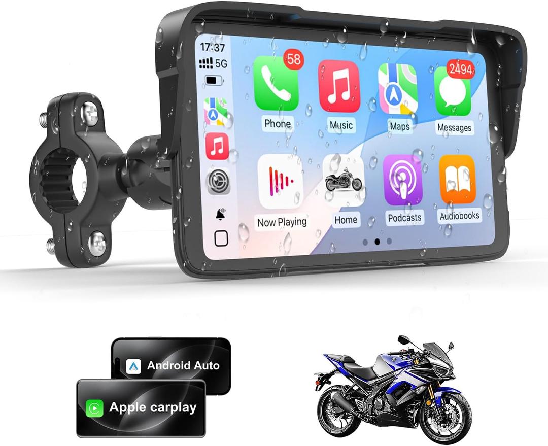 Portable Motorcycle CarPlay HD Touch Screen, Motorcycle GPS Navigation System with Apple Carplay and Android Auto, IP67 Waterproof, Support Tire Pressure settings, Bluetooth, Voice Control, Navigation
