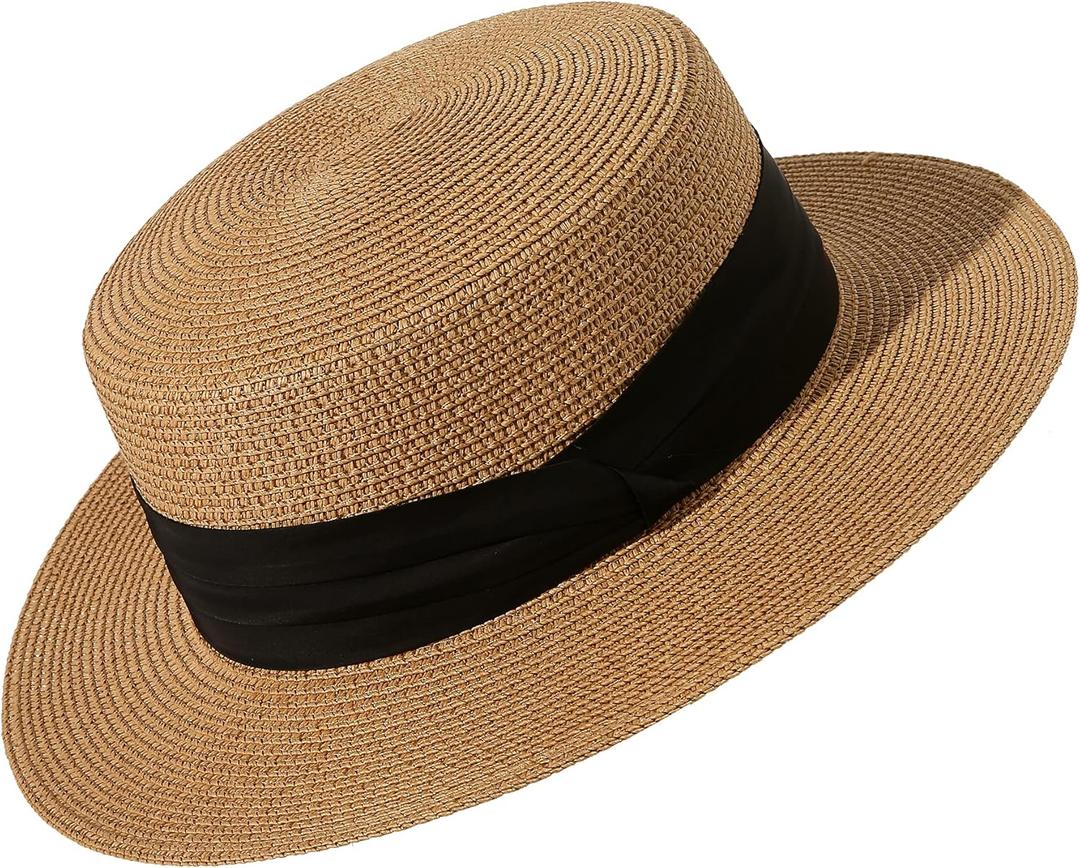 Lanzom Sun Hats for Women Wide Brim Straw Boater Hat Foldable Packable Beach Hat for Summer Fit Size 6 8/7-7 1/4 (Medium-Large, Khaki)