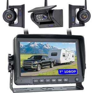 7" 3-Magnetic Wireless RV Backup Camera, HD1080P DVR Monitor, IP69 Waterproof & IR Night Vision 3x9600mAh Rechargeable Cameras, 2 Side Cameras & 1 Rear Camera for Trailer Truck Camper WS7-3