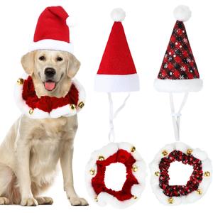Sadnyy 4 Pack Dog Christmas Outfits Pet Dog Santa Hat and Christmas Collar with Bells Ornaments Xmas Holiday Outfit Costume Clothes Adjustable Hats Neckwear for Small Large Dogs Pets Cats(Large)
