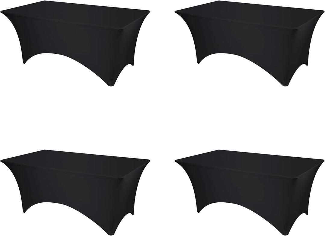 BRILLMAX 4 Pack Black Fitted Spandex Table Covers - 6ft Stretch Tablecloths for 6 Foot Rectangle Folding Cloths Rectangular Bulk Linen Fabric Elastic for Wedding Reception Banquet Birthday Party