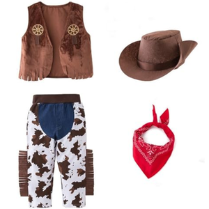 Toddler GIRL Brown Fringe Vest, Cow Print Pants, Western Hat & Red Bandana 4-Piece Cowboy Clothing Set (Brown, S) FOR GIRL