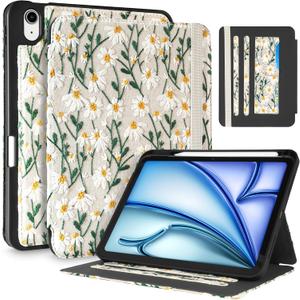 Uppuppy for iPad Air 11 inch Case M3 2025/M2 2024 - Air 5th/4th Generation Case 10.9'' Women Girls Cute Embroidered Folio Stand Cover with Pencil Holder & Card Slot Girly Daisy Flowers Design Cases