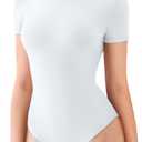 REORIA Womens Crew Neck Short Sleeve Double Lined Comfy Slim Thong Bodysuits (Medium, White)
