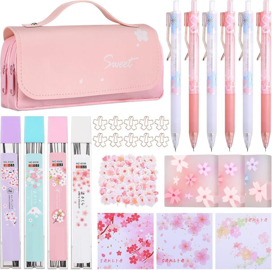 Crtiin 74 Pcs Kawaii Cherry Blossom Stationery Set Japanese Kawaii Pencil Bag Mechanical Pencil Cherry Erasers Pencil Refill and Stickers for Office Party Favors(Pink)