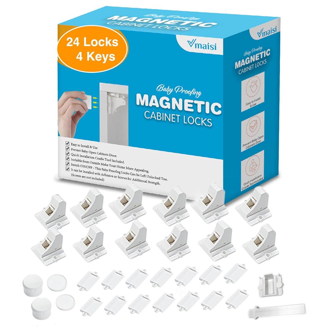 Vmaisi Adhesive Magnetic Locks for Cabinets & Drawers (24 Pack and 4 Keys + Cradle)