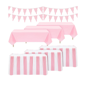 8 Pcs Pink Circus Theme Party Decors Disposable Table Skirts Pastel Circus Theme Tablecloths Pink White Striped Pennant Banners Carousel Party Decoration for Birthday Wedding Decor