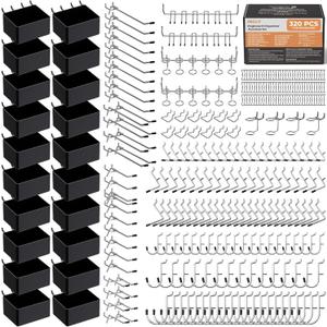 INCLY 320PCS Pegboard Accessories Organizer Kit, Peg Board Hooks Assortment with 20PCS Bins for Organizing Various Tools, Fit 1/8 or 1/4 inch Pegboard for Garage Wall Hanging & Storage