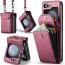 ASAPDOS Crossbody Case Compatible with Samsung Galaxy Z Flip 5,Retro PU Leather Strap Wristlet Flip Case with Magnetic Closure and Card Holder for Men WomenWine Red