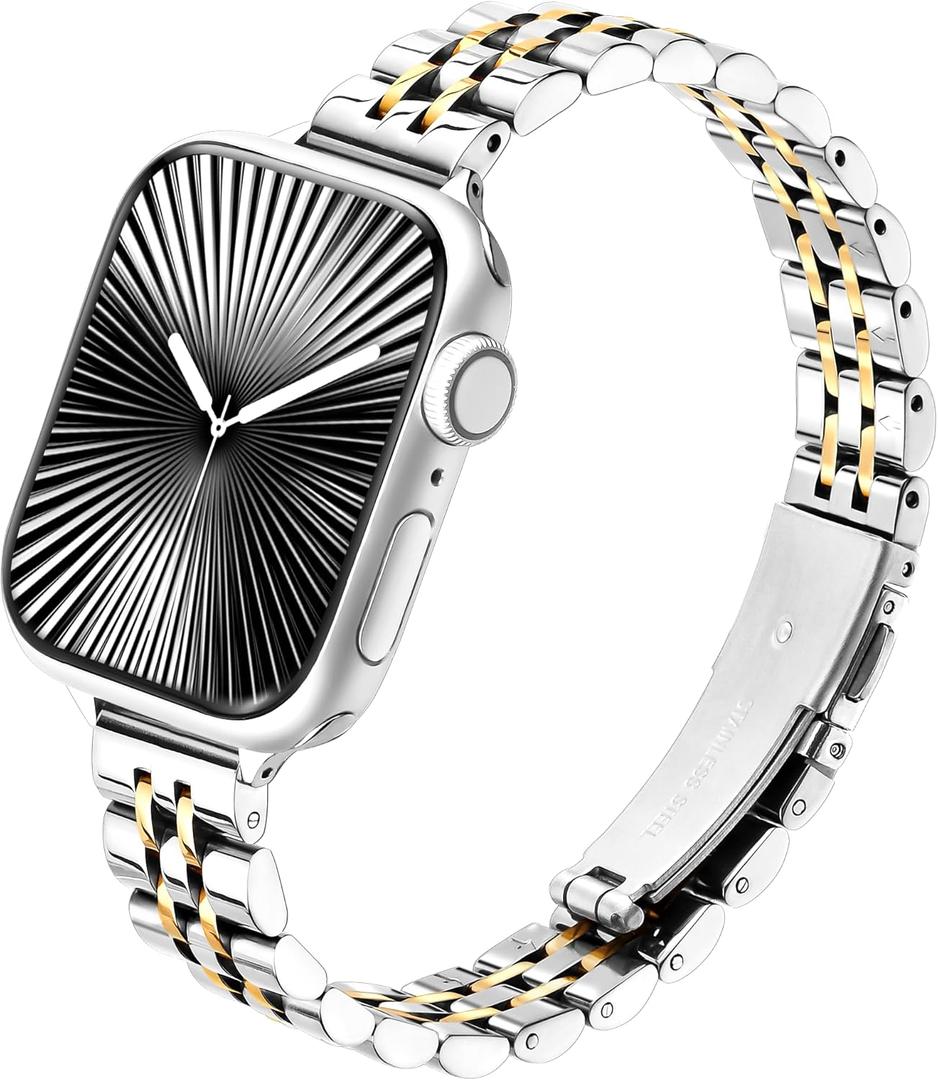 Wipalor Thin Classic Metal Chain Band Fit Slim Apple Watch Bands for women 46mm 44mm 45mm 42mm 49mm, Dressy Stainless Steel iWatch Bands for iPhone Watch Series 10 9 SE 8 7 6 5 4 3 2 Ultra-Silver/Gold
