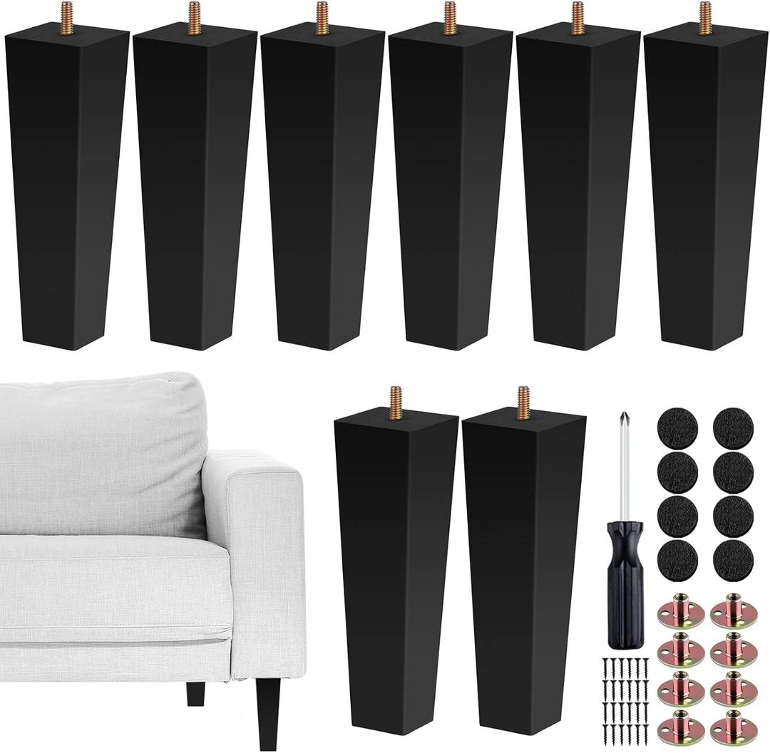 TURSTIN Set of 8 Furniture Legs 8 Inch Square Solid Wood Couch Legs Replacement Sofa Legs Mid Century Furniture Feet for Armchair Bed Dresser Cabinet Include Installation Hardware, Black