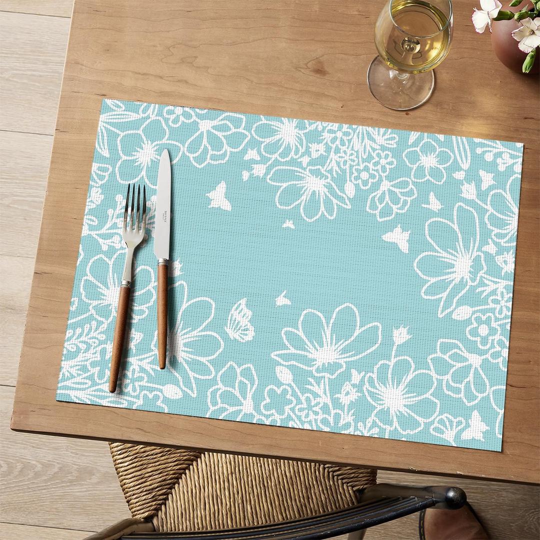 Artoid Mode Bule Weed Wild Flower Vinyl Plastic Placemats Set of 4, 12x18 Inch Woven Washable NonSlip PVC Place Mats for Party Kitchen Dining Decor, Blue