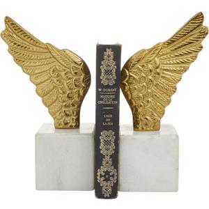 Deco 79 Aluminum Bird Wings Bookends with Marble Base, Set of 2 5"W, 10"H, Gold