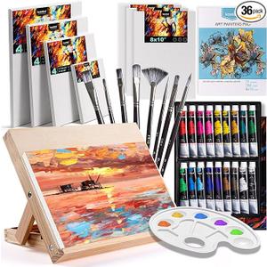 koseibal Acrylic Art Set with 18 Acrylic Paints, 8 Brushes, 4 Stretched Canvas, 1Wooden Easel, Etc, Premium Painting Supplies Kit for Students, Artists Kids, Adults, and Beginner