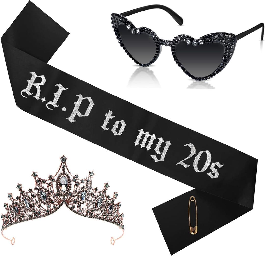 Rip To My 20s Sash And Crown with Sunglasses Set Black Birthday Sash Bronze Gold Crown Birthday Party Accessories for Women 30th Birthdays Glitter Party Favors (Sash&Crown&Sunglasses)