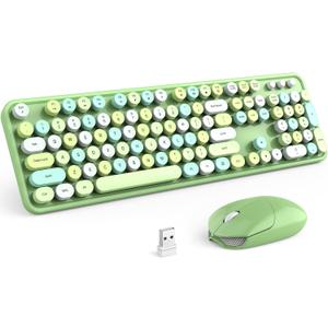MOFII Wireless Keyboard and Mouse Combo, 2.4GHz Retro Full Size Typewriter Keyboard with Number Pad & Wireless Mouse for Laptop, PC, Desktop, Mac, Windows - Green Colorful (Green Colorful-B)