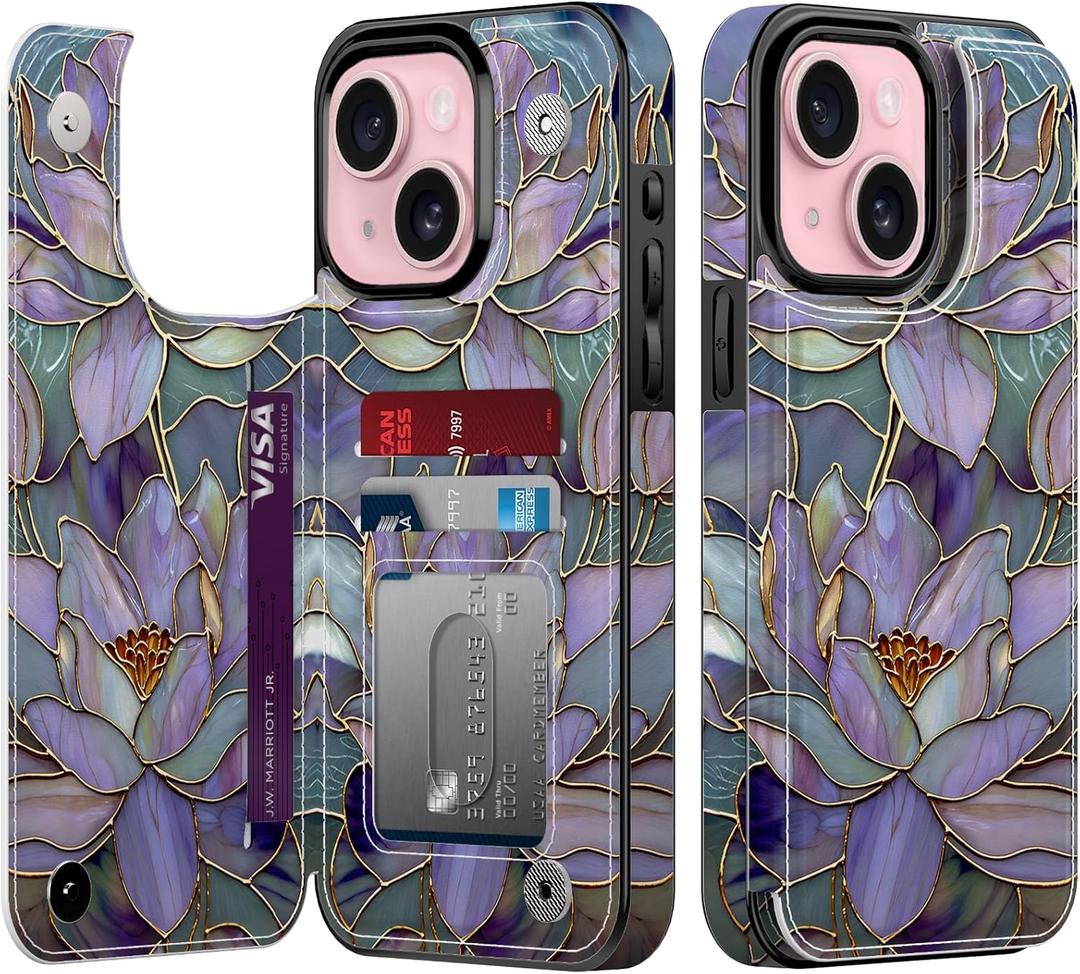 Goodon for iPhone 13 Mini Wallet Case with Card Holder,RFID-Blocking,Aesthetic Vintage Floral Girly Shell,Trendy Unique Cool Retro Protective Phone Cover for Women Girls - Fancy Purple Lotus