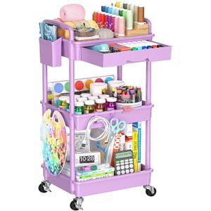 3 Tier Rolling Cart Organizer with Drawer, Bathroom Storage Carts with Wheels & Plastic Shelf, Mobile Storage Organizers for Kitchen, Office, Laundry Room, Baby, Snack, Craft, Makeup, Purple