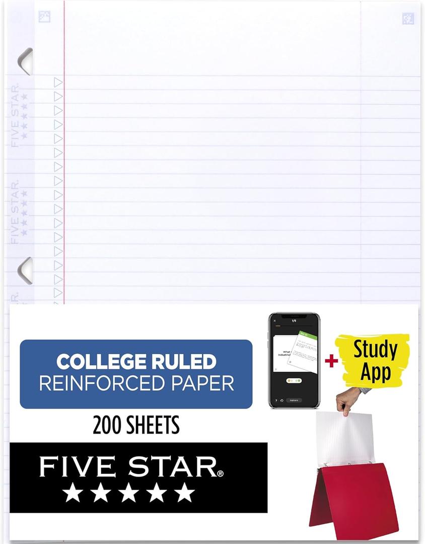 Five Star Loose Leaf Paper + Study App, College Ruled Filler Notebook Paper, Reinforced, Fights Ink Bleed, 8-1/2" x 11", 200 Sheets (170054-ECM)