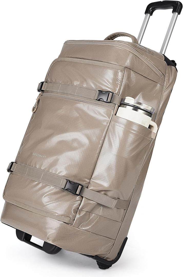 BAGSMART Rolling Duffle Bag with Wheels, Travel Duffel Luggage Bag for Men, Water Repellent Heavy Duty for Travel Camp, Camel, Large, 70L
