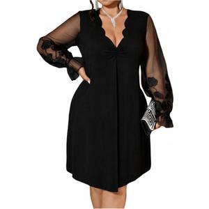 Women's Plus Size Short Dress Scallop Trim V Neck Long Sleeve Flowy A Line Party Dresses XL