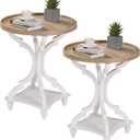Wnutrees Farmhouse Round Accent End Table, Rustic Side Table Nightstands for Living Room, Wood Tray Top, Handcrafted Finish, Set of 2, White