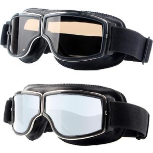 LJDJ Motorcycle Goggles,2 Pack Vintage Anti Fog Pilot PU Leather Glasses Dustproof ATV Off Road Motorbike Helmet Eyewear Protect for Ridding Motorcross Classes Aviator Goggles for Men Women Adult