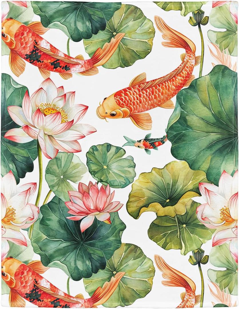 Lotus & Koi Fish Blanket, Traditional Art Home Decor, Super Soft Fleece Throw Blankets for Couch Sofa Bed, 40" x 50"