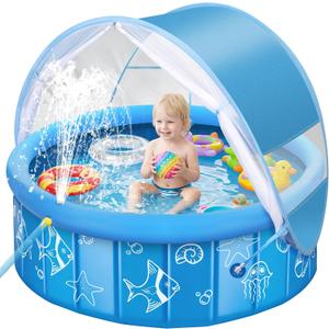 Baby Pool with Canopy Sprinkler, 47in Foldable Kiddie Pool with Pop Up Mosquito Net, Baby Beach Tent with Sun Shade Canopy, Portable Toddler Kids Small Pool for Backyard Beach Outdoor