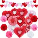 Tinlade Pack of 28 Valentines and Galentines Day Party Decorations Kit Heart Hanging Paper Fans Banner Red Pink Pom Poms for Valentines Day Wedding Anniversary Bridal Shower Party Photo Backdrops