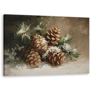 TLESKE Rustic Winter Pine Cones Pinecones Wall Art Decor, Vintage Christmas Canvas Wall Art Print for Farmhouse Bedroom Living Room, Aesthetic Winter Wall Artwork Picture, 16x24