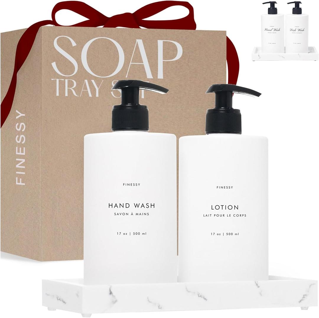 Modern Luxe White Kitchen Soap Dispenser Set with Tray, Lotion Dishwashing Liquid Detergent Hand and Dish Soap Dispenser Set, Dual Refillable Pump Bottles for Kitchen and Bathroom Countertop Farmhouse