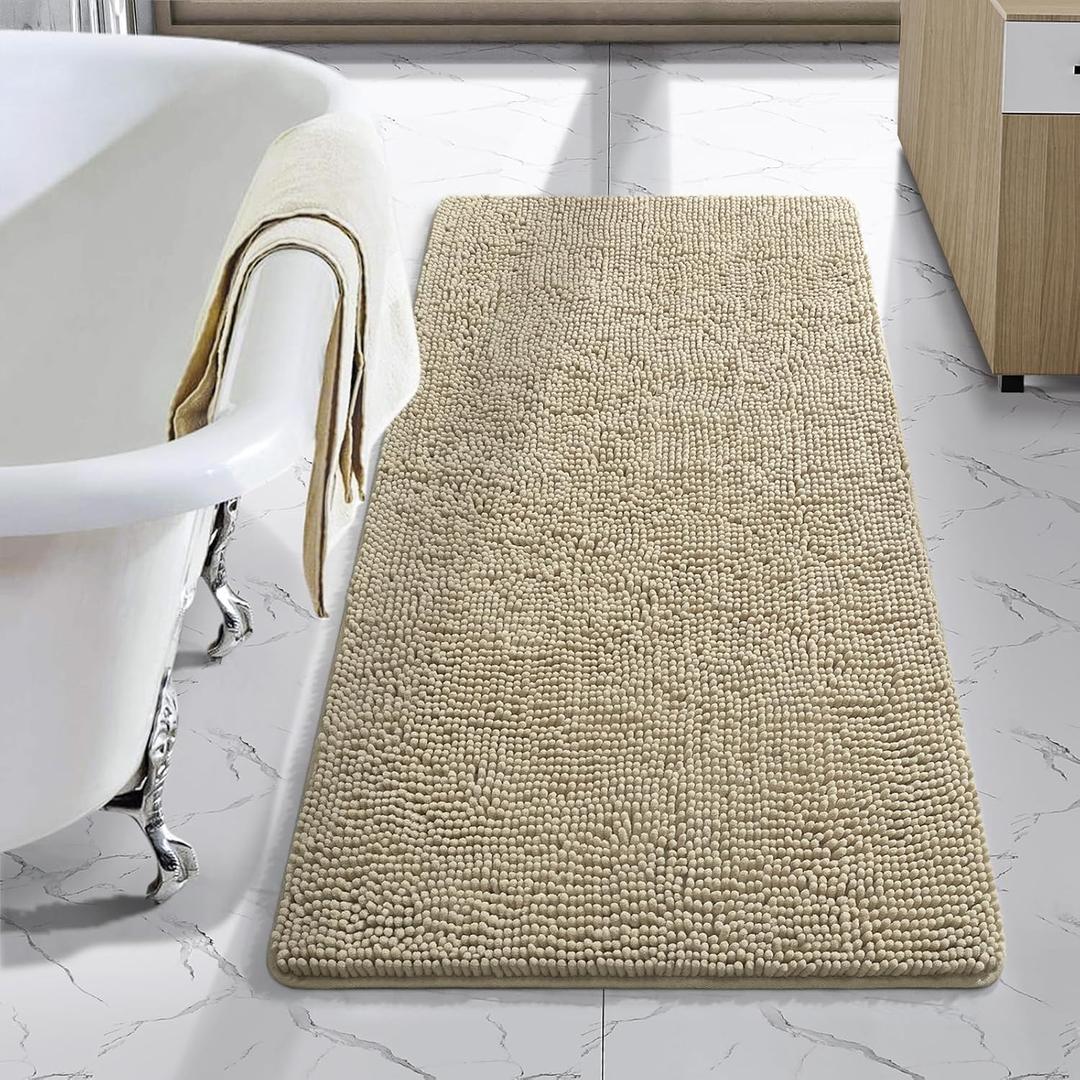 LOCHAS Luxury Bathroom Rug Shaggy Bath Mat 24 x 48 Inch, Washable Non Slip Bath Rugs for Bathroom Shower, Soft Plush Chenille Absorbent Carpets Mats, Beige