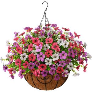 2 x Artificial Hanging Flowers Basket for Outdoor, UV Resistant Plants Daisy | Faux Silk Daisy, Front Door Porch Planter, Patio Yard Garden Balcony, No Fade, Spring Summer Decor, Purple White Rose