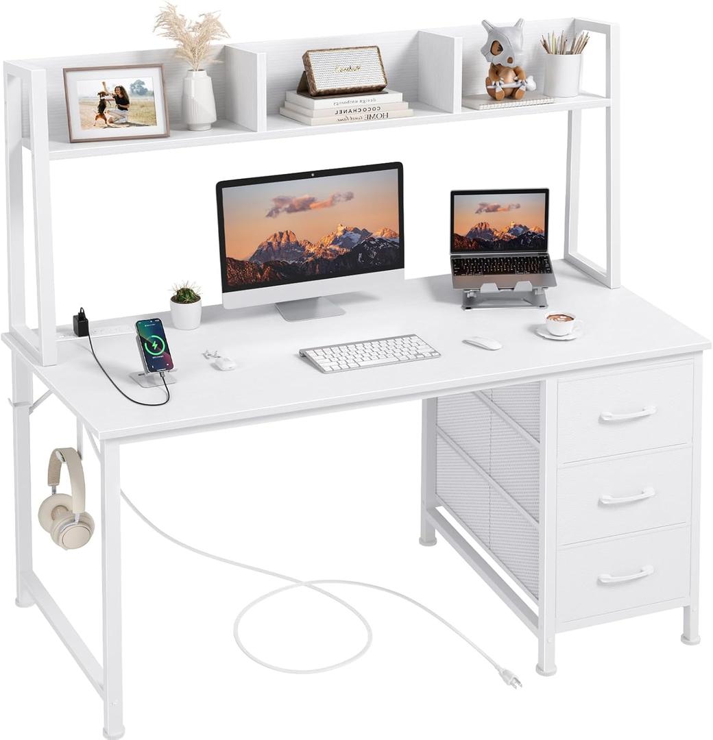 DLisiting White Computer Desk with Hutch & Drawers - 47 Inch Modern Study Writing Office Desk with 3 Storage Drawers and Power Outlets for Bedroom Home Office, 47.2"