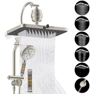 Hibbent 5-spray Dual Filtered Rainfall Shower Head Combo, High Pressure 13'' Showerhead with 10 Spray Mode Handheld, Easy Reach 4-way Diverter Arm with Pause Mode, 71'' Hose & Holder, Brushed Nickel
