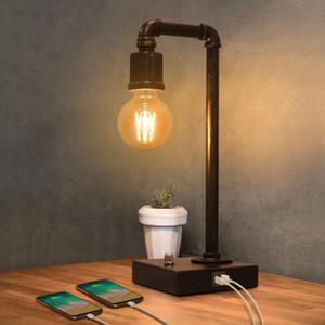 Industrial Table Lamp, Vintage Bedside Lamp with USB C and USB A Charging Ports, Dimmable Steampunk Office Lamp Metal Pipe Edison Reading Lamps for Bedroom, Dorm, Farmhouse Decor 6W LED Bulb Included