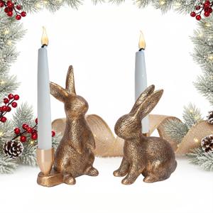 Gold Animal Candle Holders - Rabbit Set of 2 Vintage Rustic Pedestal Candlesticks, Holiday & Themed Decor, Easter Decorations, Centerpieces for Fireplace Mantle & Dining Table