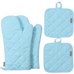 Oven Mitts and Pot Holders 4 pcs Set, High Heat Resistant 500 Degree Extra Thicken Long Kitchen Cotton Oven Glove for Cooking (12 Inch, Blue)