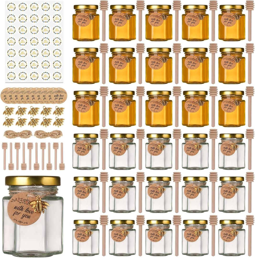 3 oz Mini Honey Jars with Dipper, 30 Pack Glass Hexagon Honey Jar for Baby Shower, Empty Glass Jars for Wedding Favors and Party